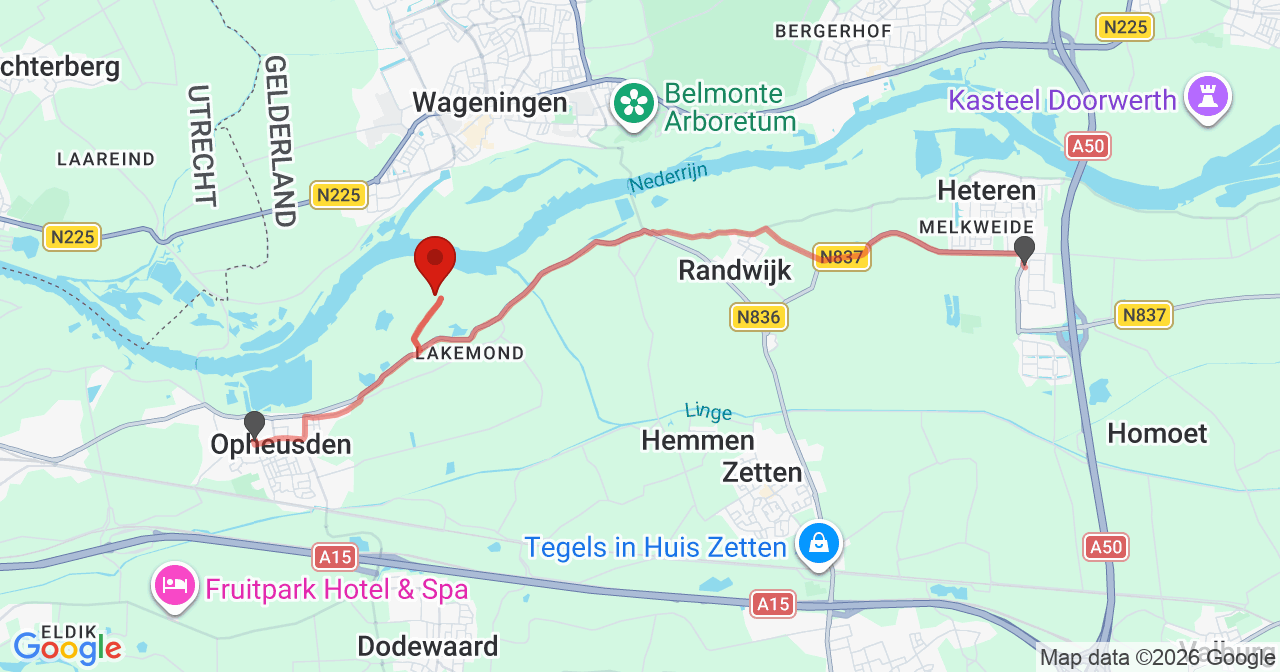 Kaart van het incident in Opheusden met de aanrijroutes van de gealarmeerde eenheden