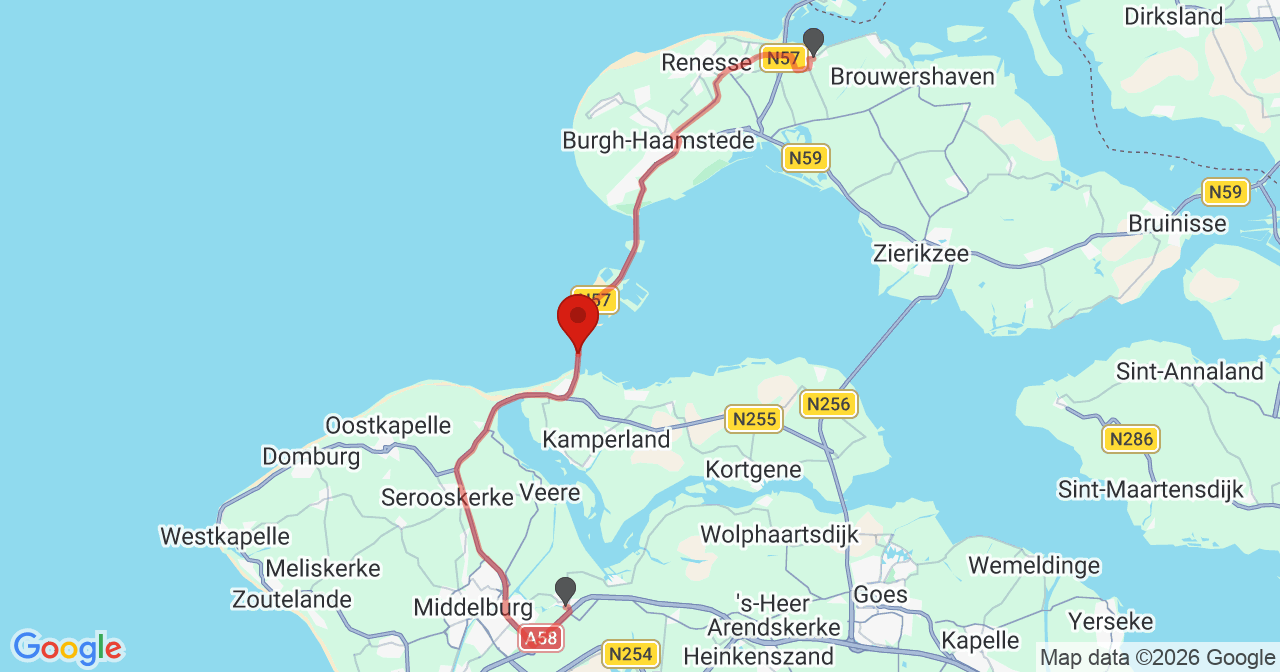 Kaart van het incident in Vrouwenpolder met de aanrijroutes van de gealarmeerde eenheden