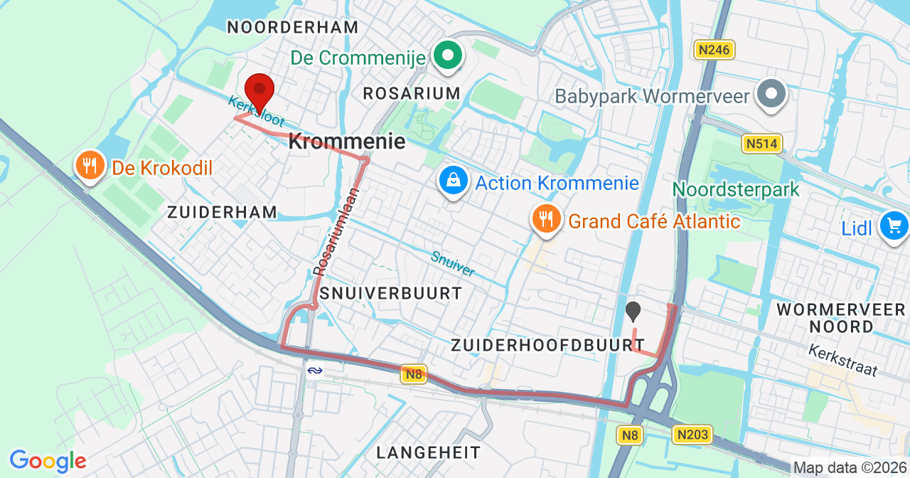 Kaart van het incident in Krommenie met de aanrijroutes van de gealarmeerde eenheden