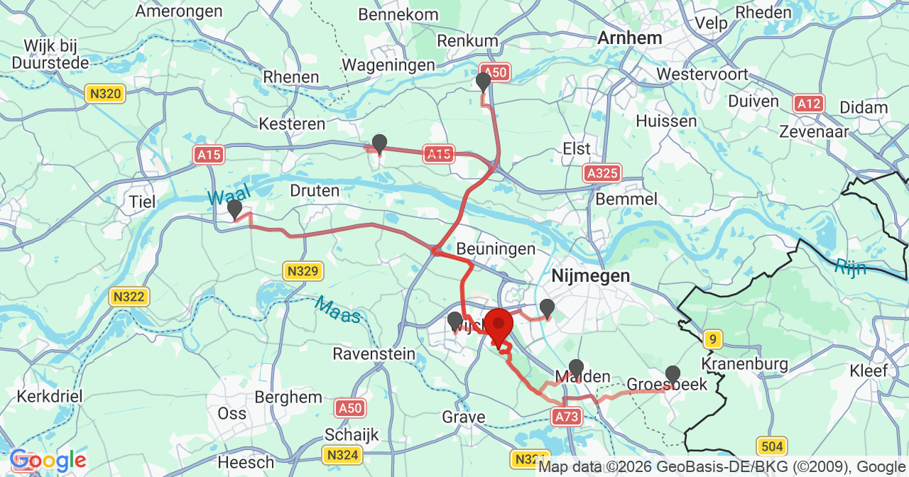 Kaart van het incident in Wijchen met de aanrijroutes van de gealarmeerde eenheden