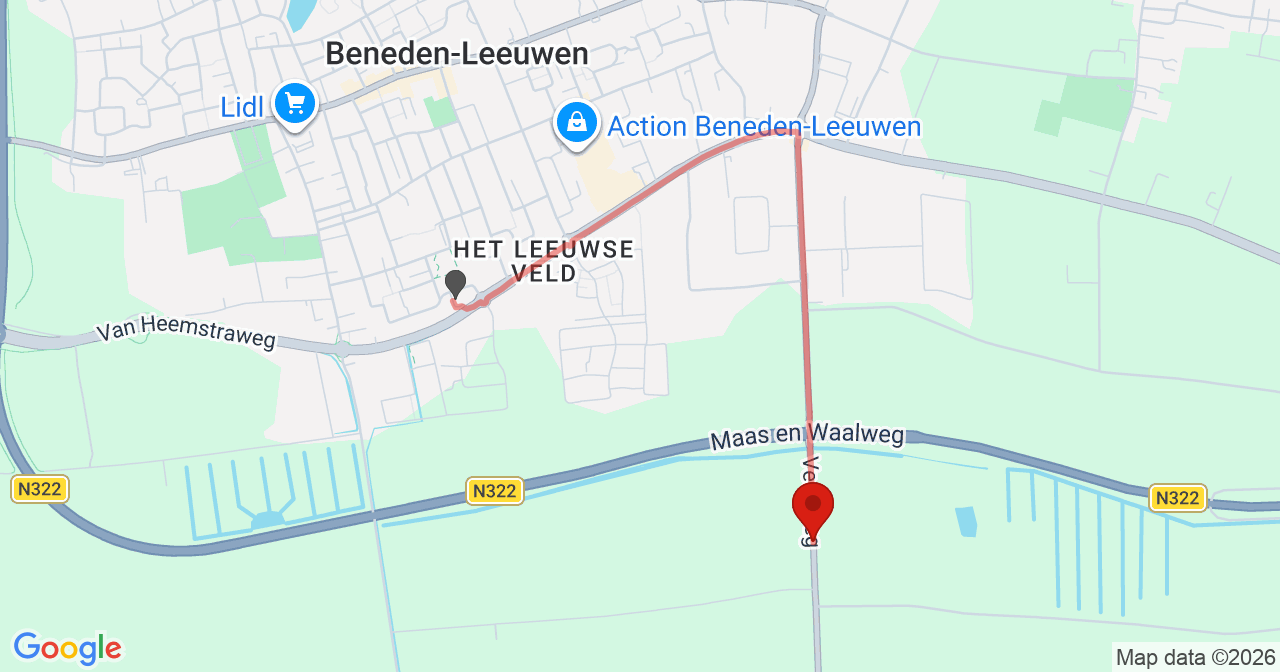 Kaart van het incident in Boven-Leeuwen met de aanrijroutes van de gealarmeerde eenheden