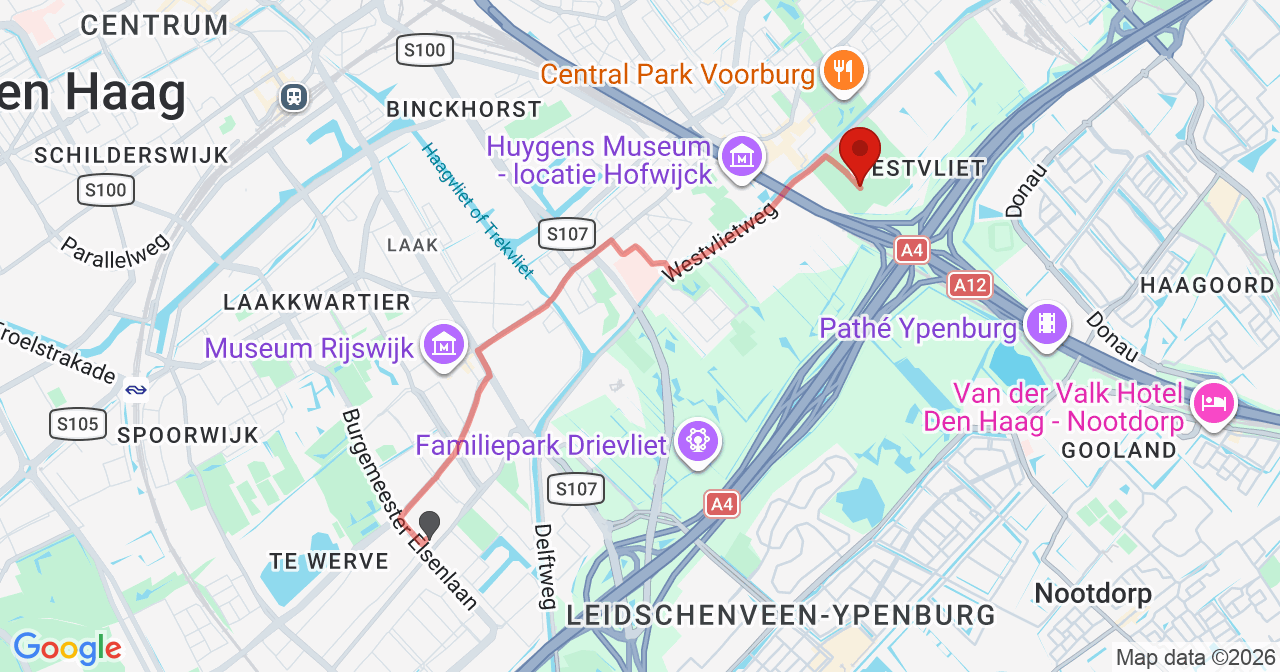 Kaart van het incident in 's-Gravenhage met de aanrijroutes van de gealarmeerde eenheden