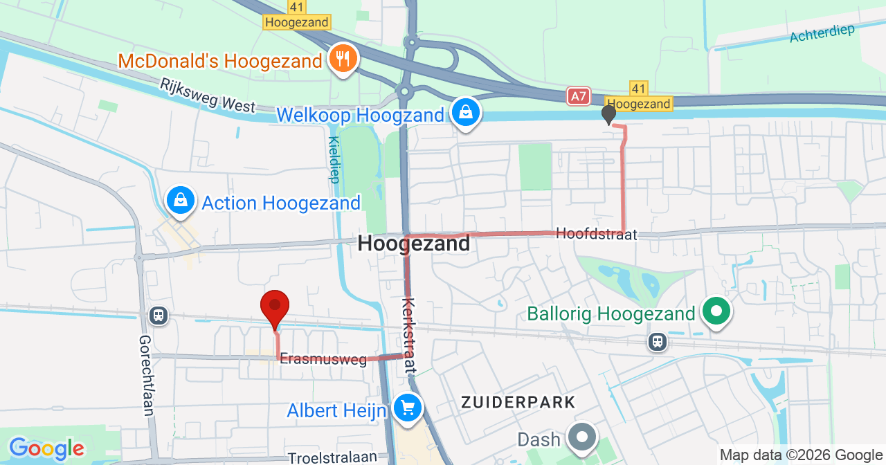 Kaart van het incident in Hoogezand met de aanrijroutes van de gealarmeerde eenheden