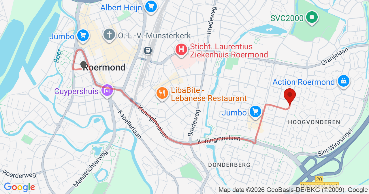 Kaart van het incident in Roermond met de aanrijroutes van de gealarmeerde eenheden
