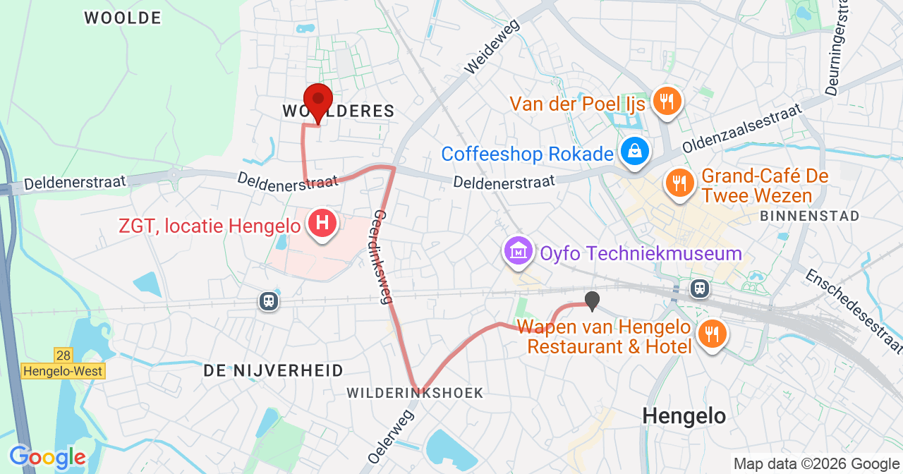 Kaart van het incident in Hengelo met de aanrijroutes van de gealarmeerde eenheden
