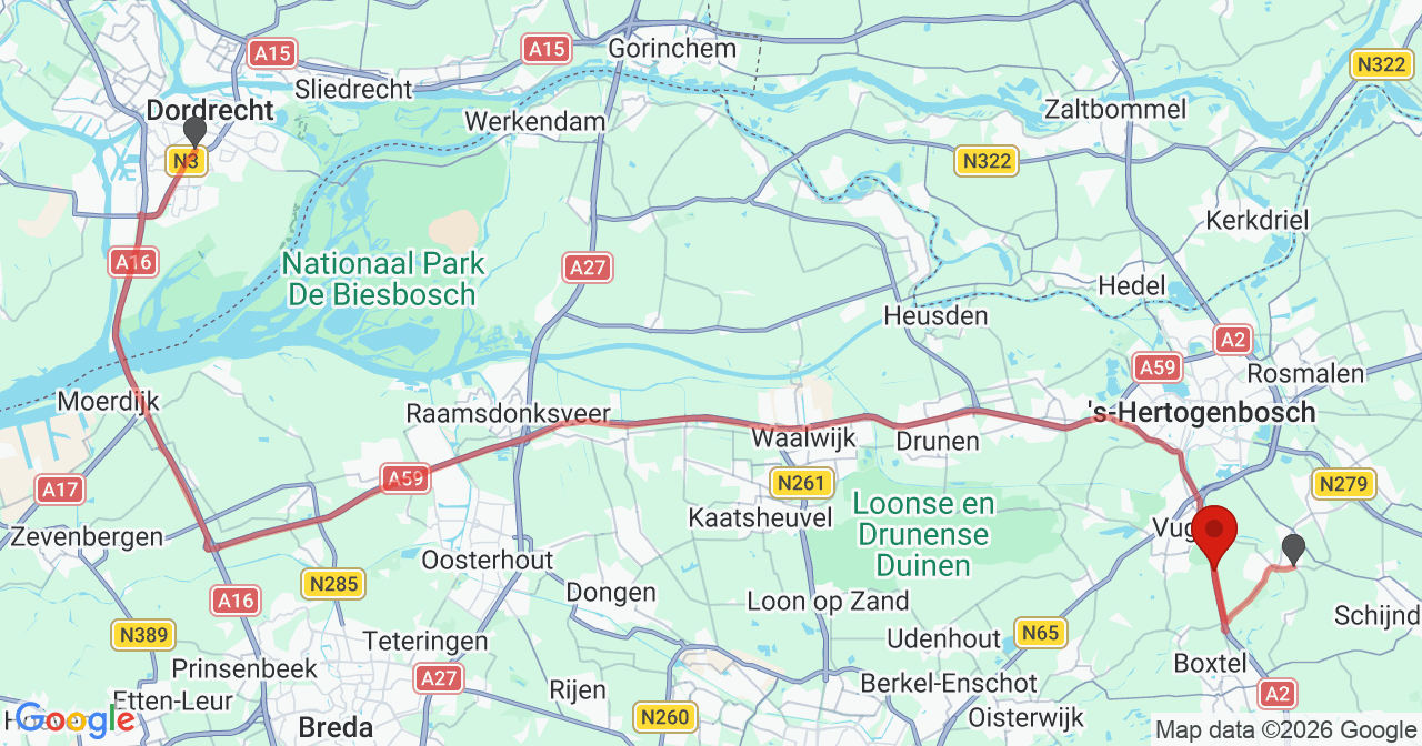 Kaart van het incident in Vught met de aanrijroutes van de gealarmeerde eenheden