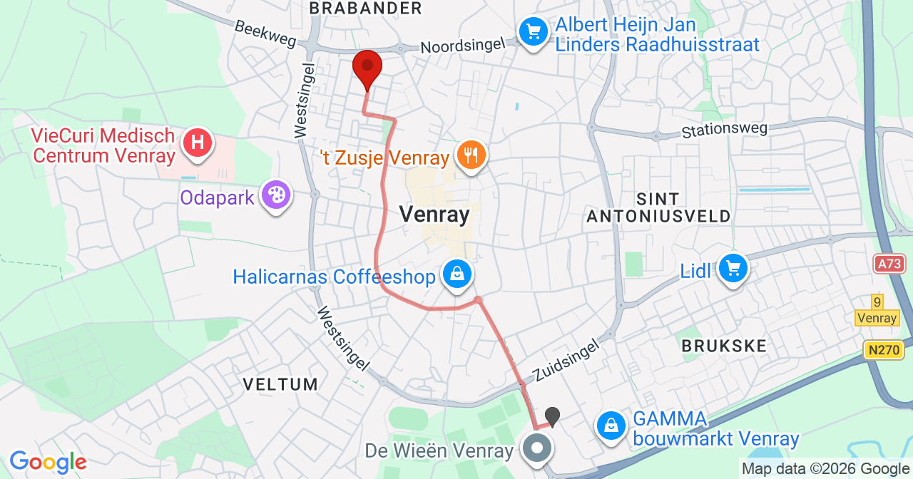 Kaart van het incident in Venray met de aanrijroutes van de gealarmeerde eenheden
