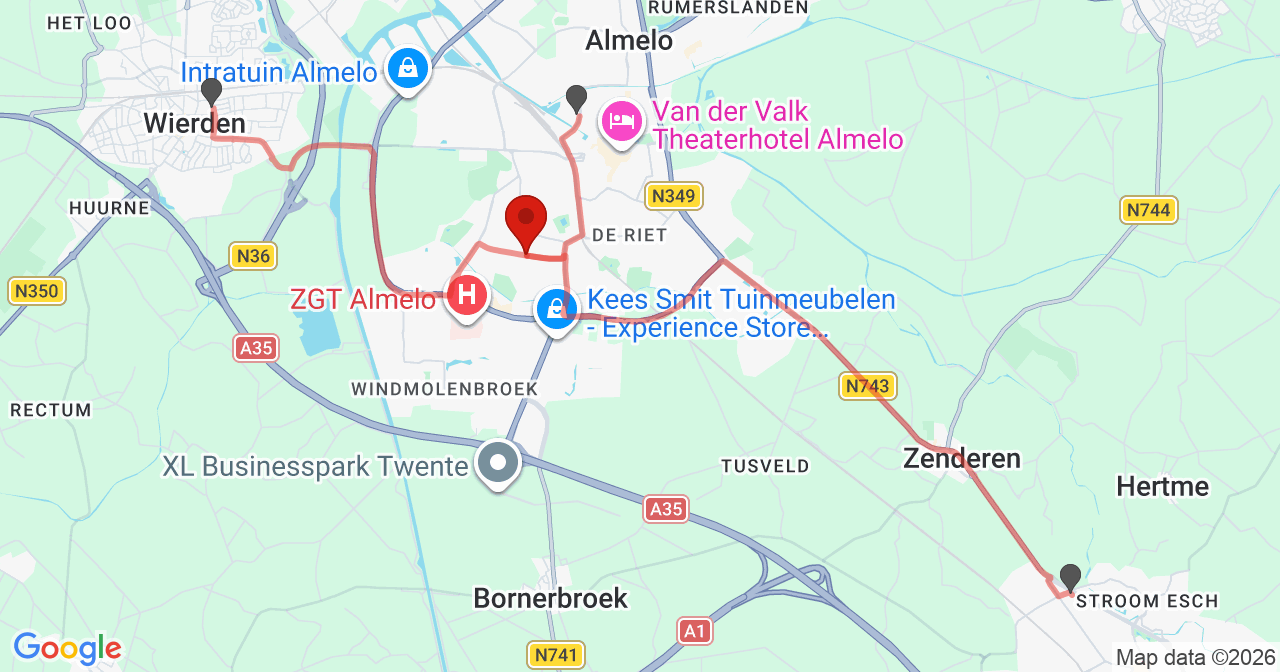 Kaart van het incident in Almelo met de aanrijroutes van de gealarmeerde eenheden