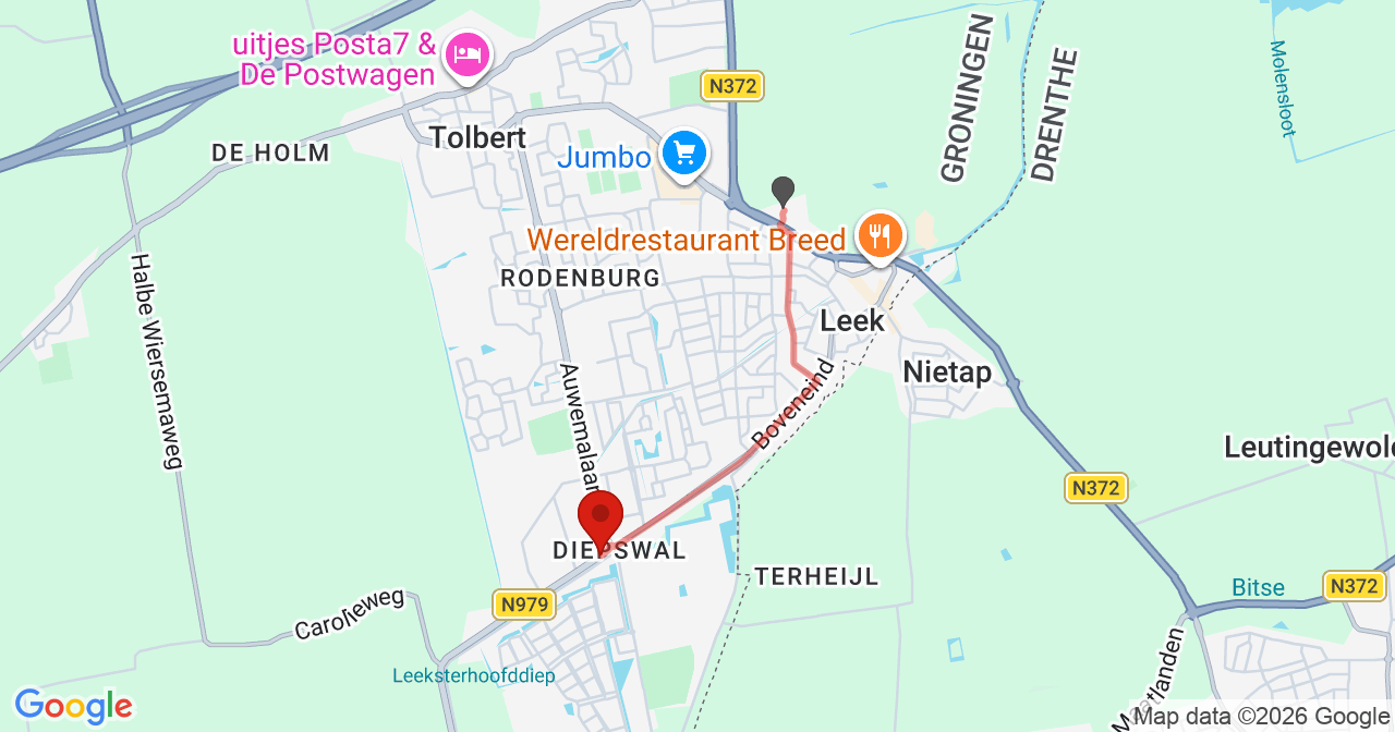 Kaart van het incident in Leek met de aanrijroutes van de gealarmeerde eenheden