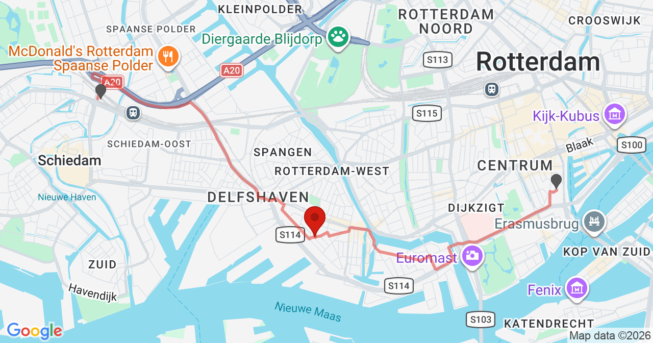 Kaart van het incident in Rotterdam met de aanrijroutes van de gealarmeerde eenheden