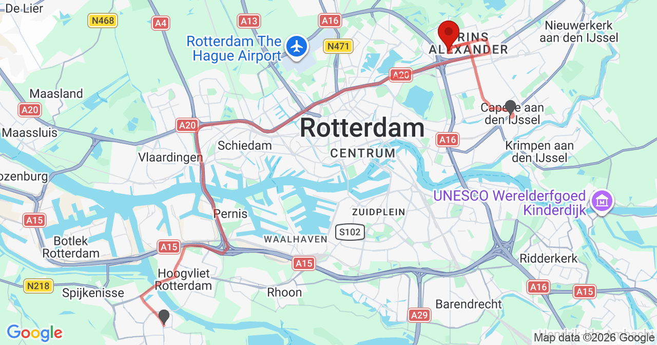 Kaart van het incident in Rotterdam met de aanrijroutes van de gealarmeerde eenheden