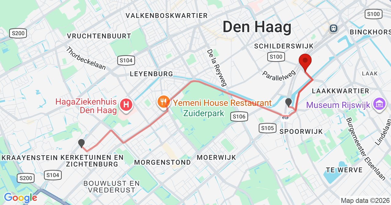 Kaart van het incident in 's-Gravenhage met de aanrijroutes van de gealarmeerde eenheden