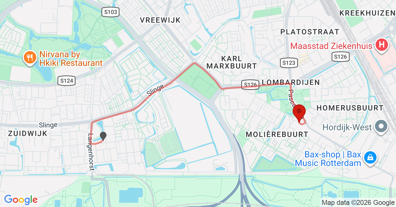 Kaart van het incident in Rotterdam met de aanrijroutes van de gealarmeerde eenheden