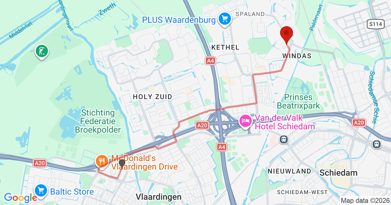 Kaart van het incident in Schiedam met de aanrijroutes van de gealarmeerde eenheden