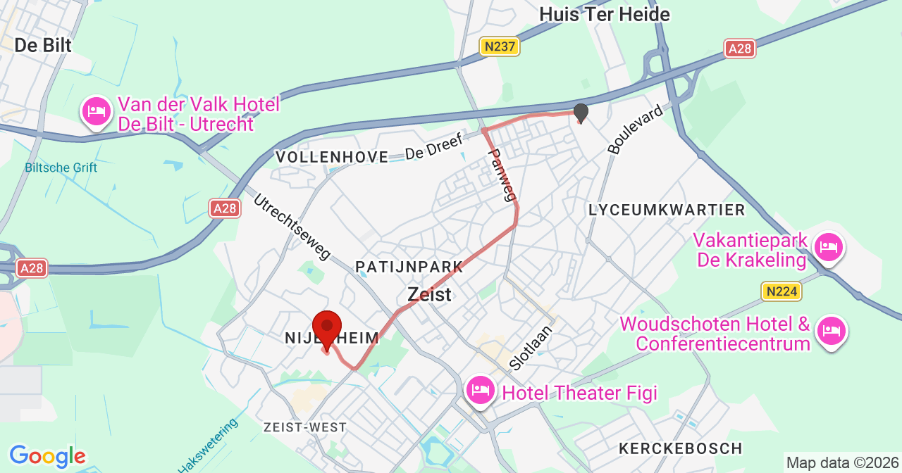 Kaart van het incident in Zeist met de aanrijroutes van de gealarmeerde eenheden