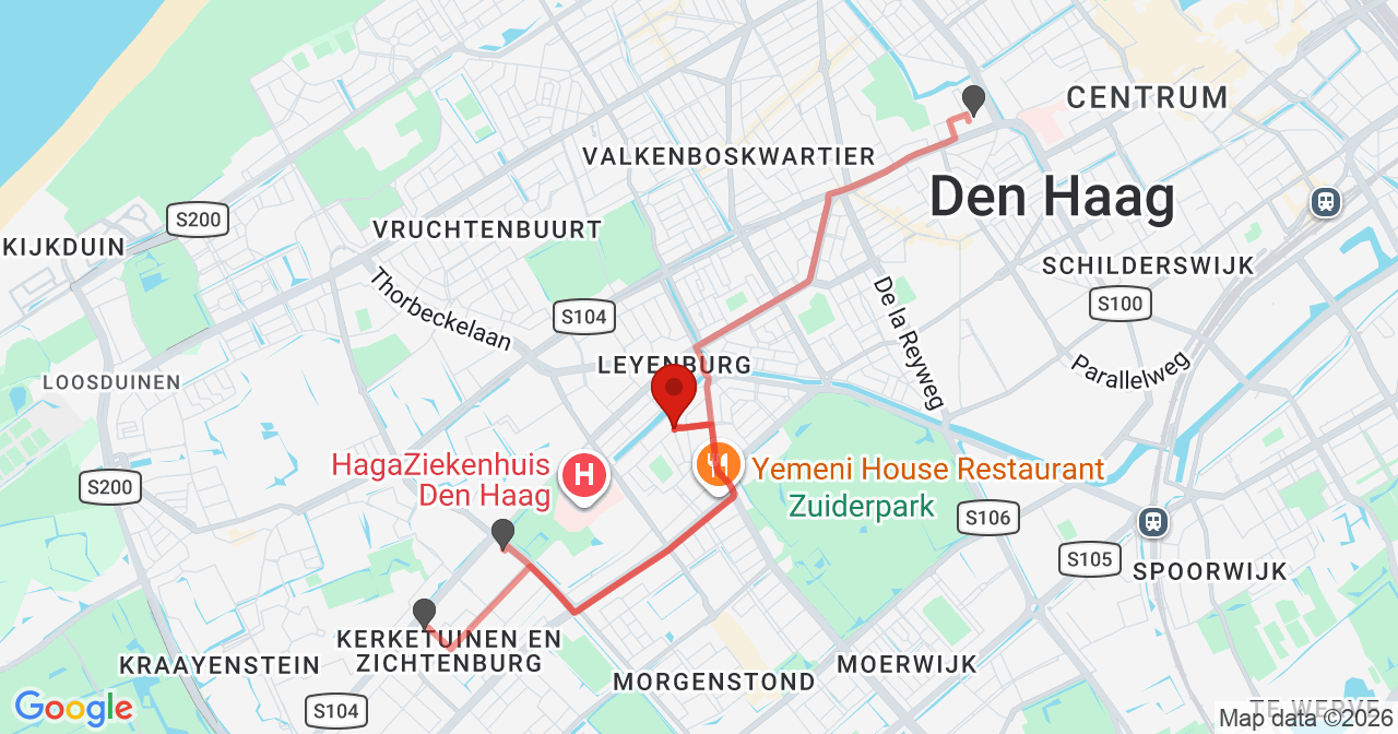 Kaart van het incident in 's-Gravenhage met de aanrijroutes van de gealarmeerde eenheden