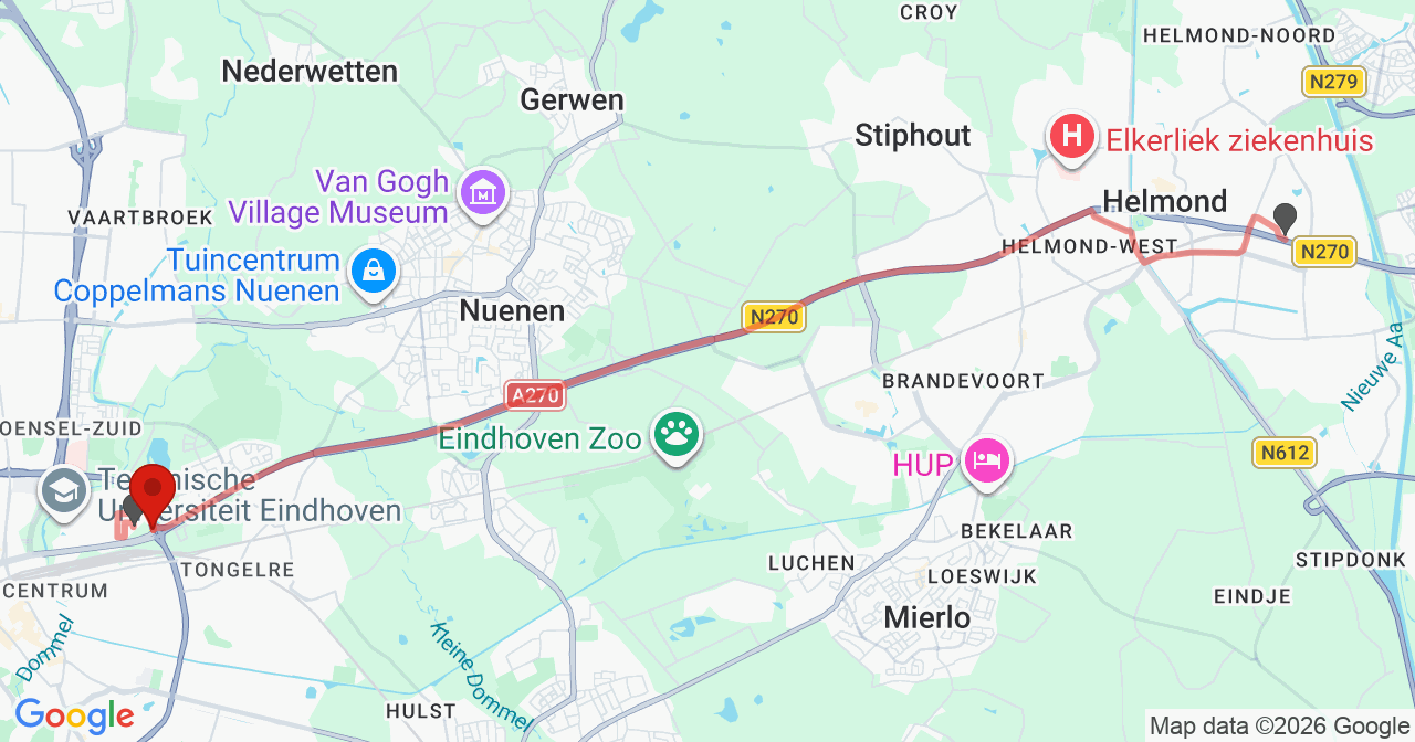 Kaart van het incident in Eindhoven met de aanrijroutes van de gealarmeerde eenheden