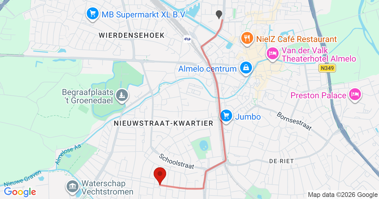 Kaart van het incident in Almelo met de aanrijroutes van de gealarmeerde eenheden