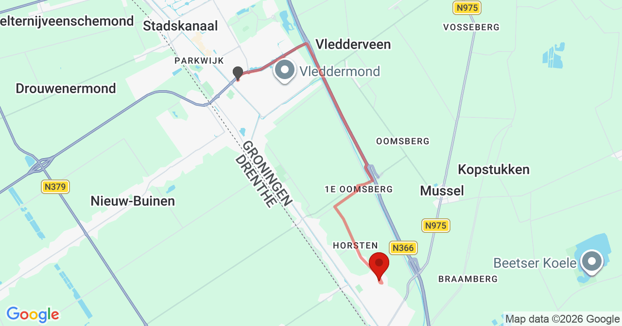Kaart van het incident in Musselkanaal met de aanrijroutes van de gealarmeerde eenheden