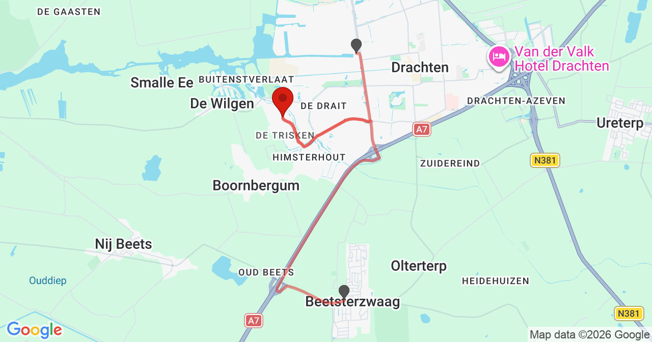 Kaart van het incident in Drachten met de aanrijroutes van de gealarmeerde eenheden