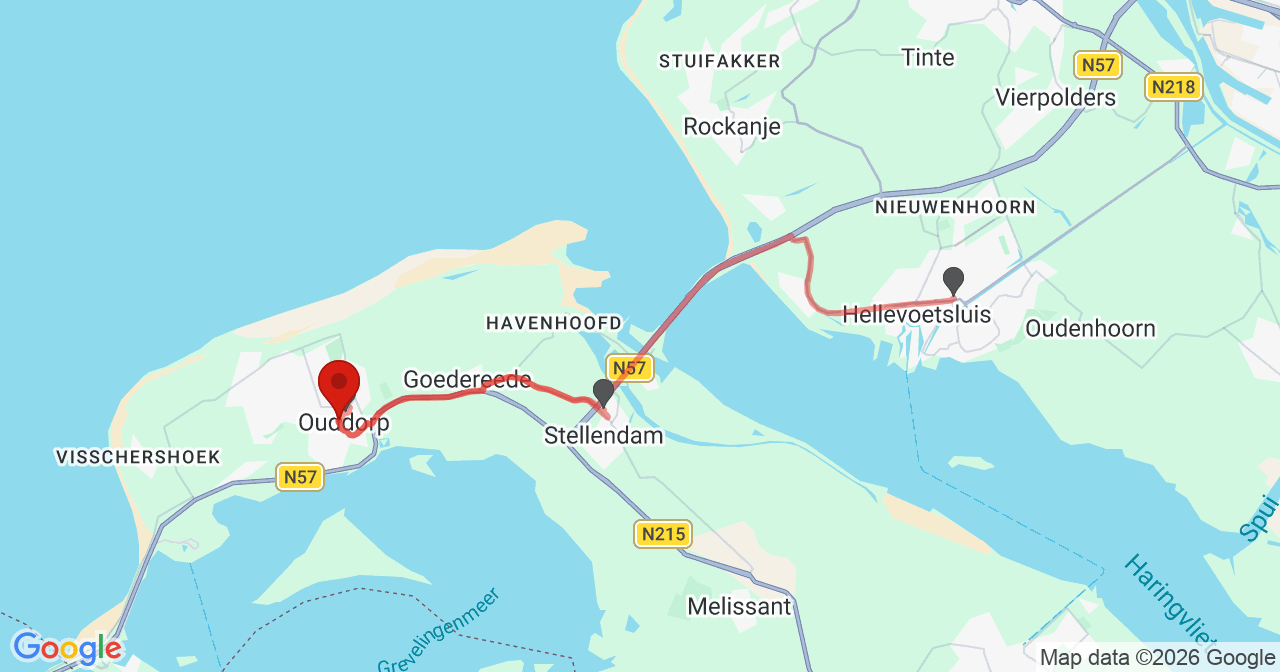 Kaart van het incident in Ouddorp ZH met de aanrijroutes van de gealarmeerde eenheden