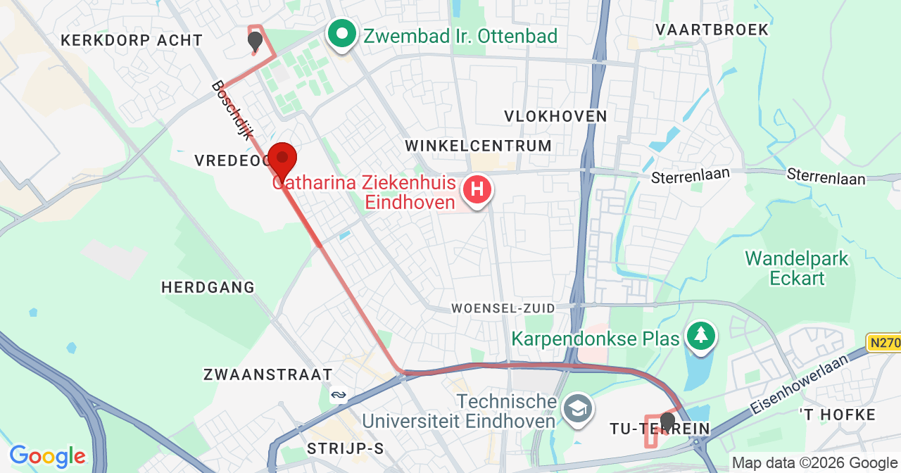 Kaart van het incident in Eindhoven met de aanrijroutes van de gealarmeerde eenheden