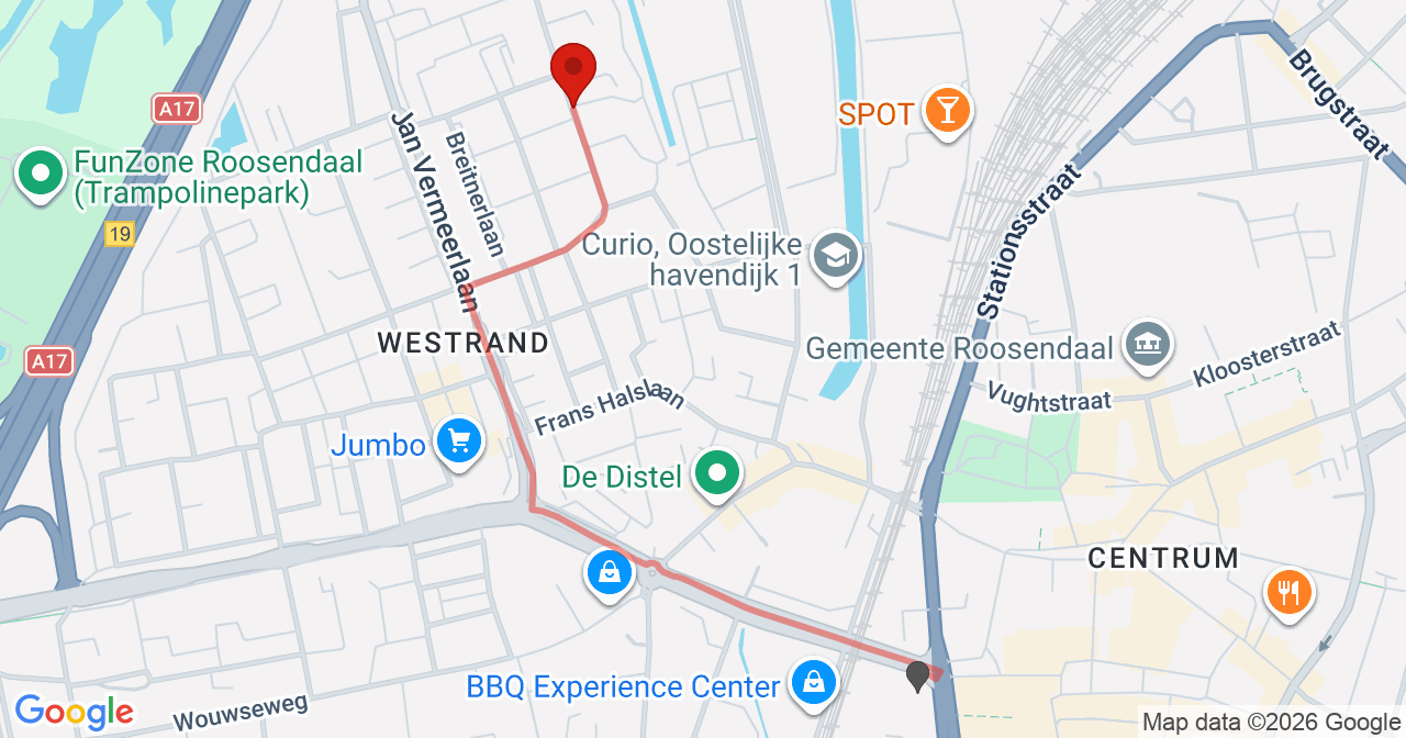 Kaart van het incident in Roosendaal met de aanrijroutes van de gealarmeerde eenheden