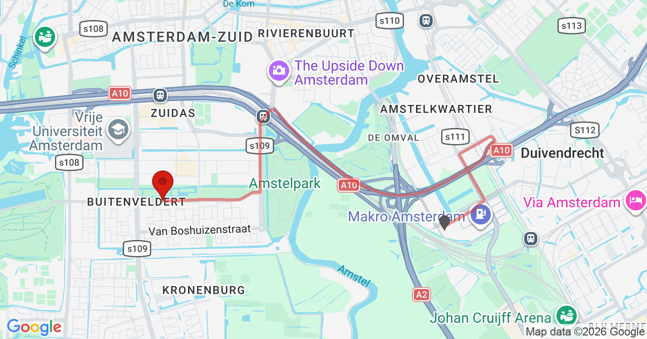 Kaart van het incident in Amsterdam met de aanrijroutes van de gealarmeerde eenheden