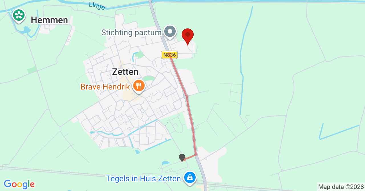Kaart van het incident in Zetten met de aanrijroutes van de gealarmeerde eenheden