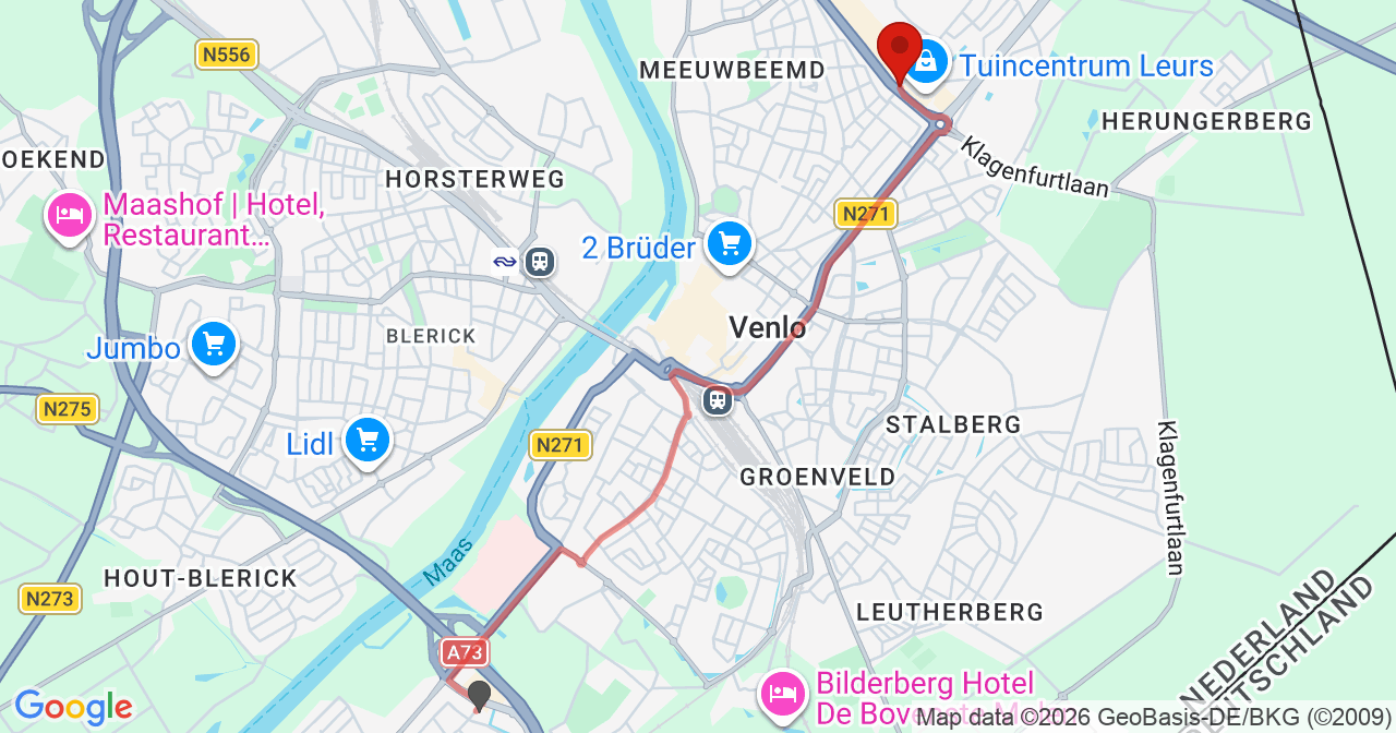 Kaart van het incident in Venlo met de aanrijroutes van de gealarmeerde eenheden