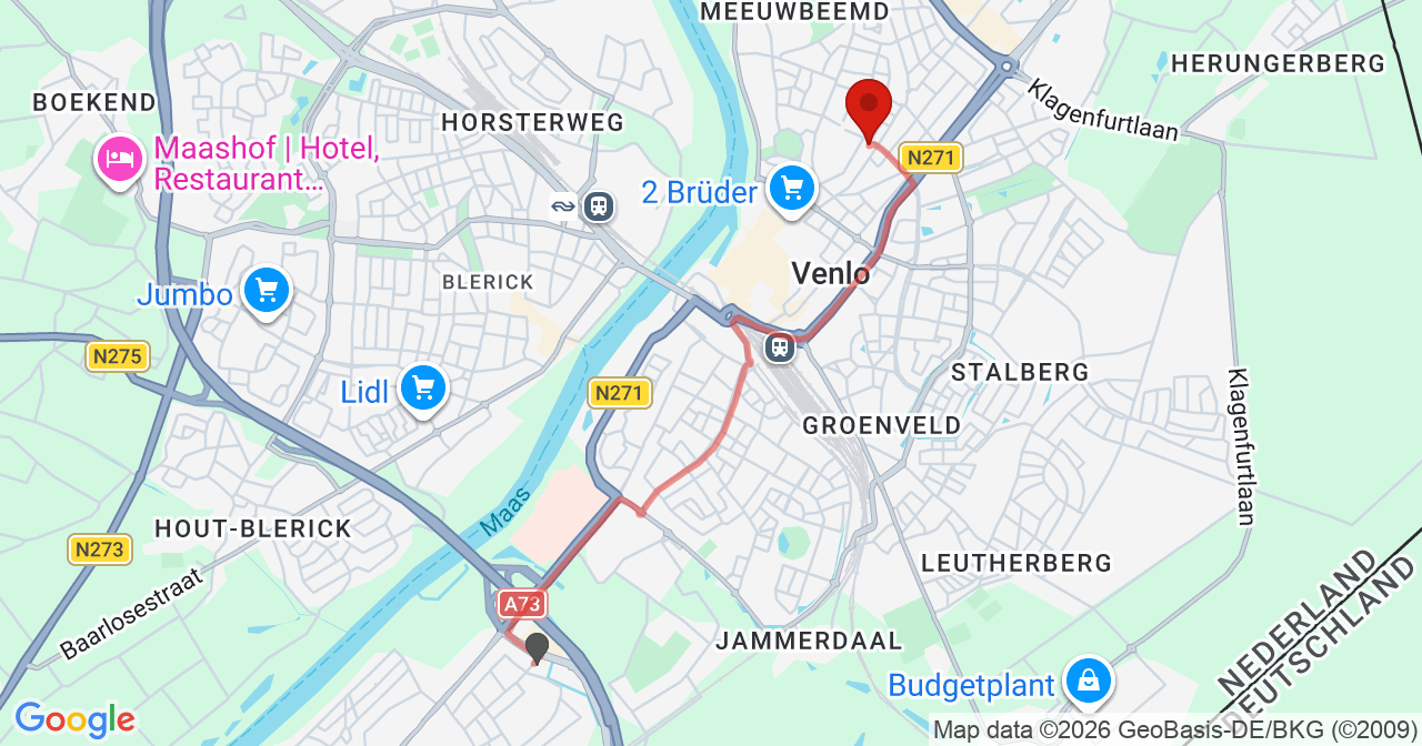 Kaart van het incident in Venlo met de aanrijroutes van de gealarmeerde eenheden