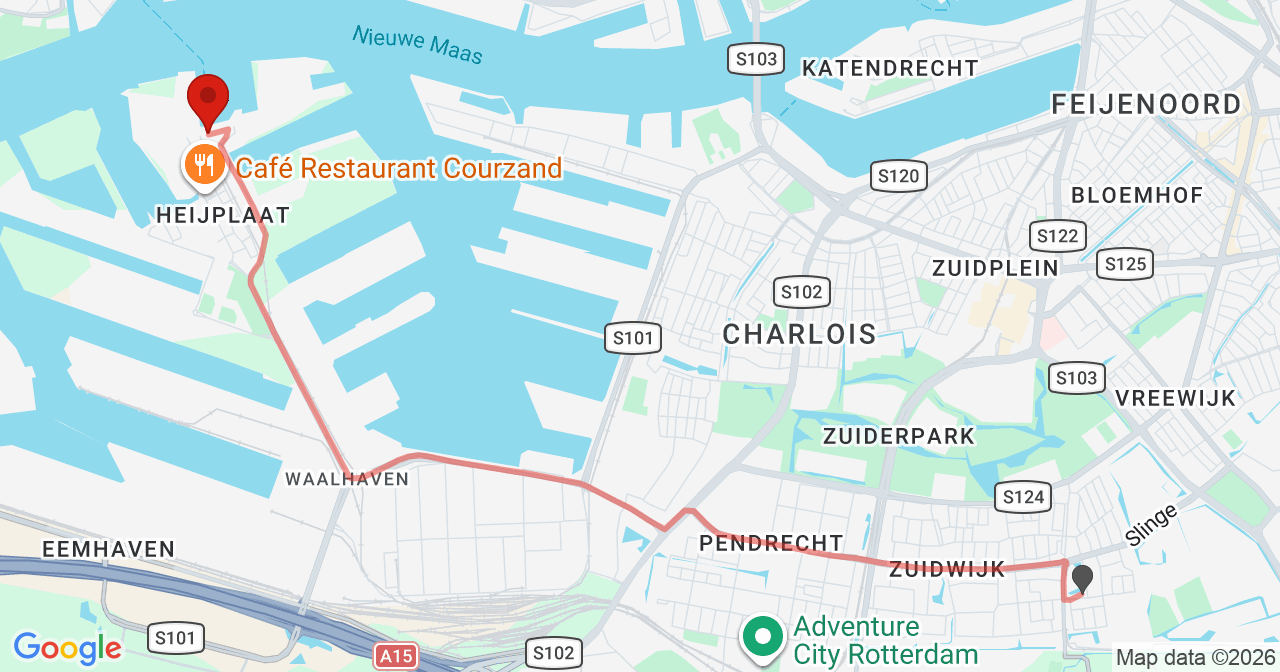 Kaart van het incident in Rotterdam met de aanrijroutes van de gealarmeerde eenheden