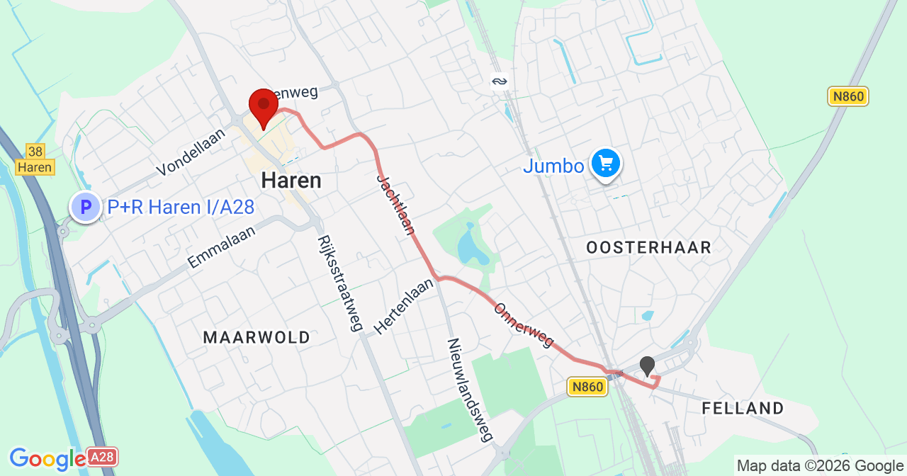 Kaart van het incident in Haren Gn met de aanrijroutes van de gealarmeerde eenheden