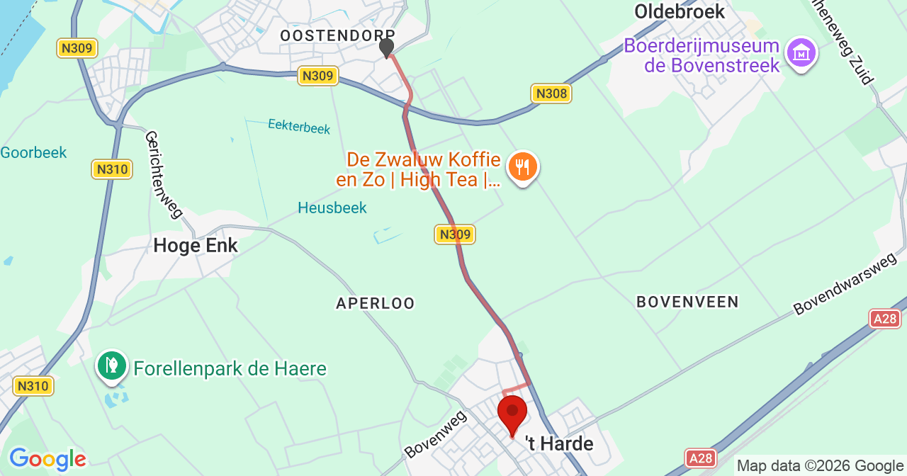 Kaart van het incident in 't Harde met de aanrijroutes van de gealarmeerde eenheden