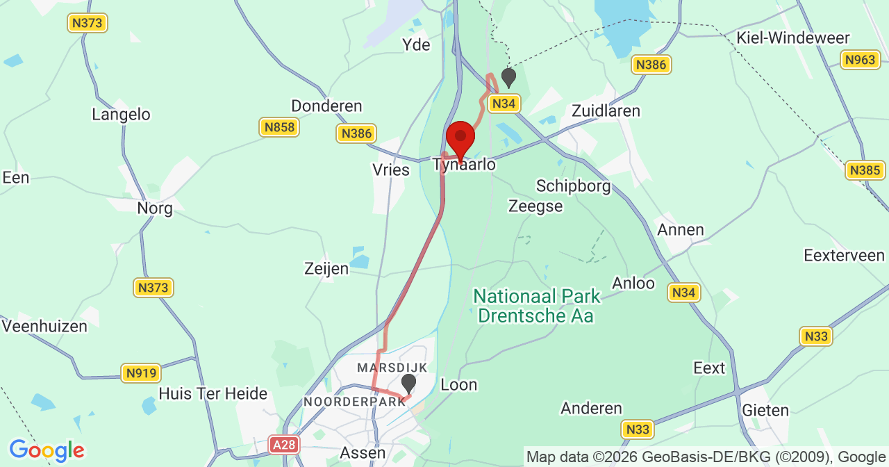 Kaart van het incident in Tynaarlo met de aanrijroutes van de gealarmeerde eenheden
