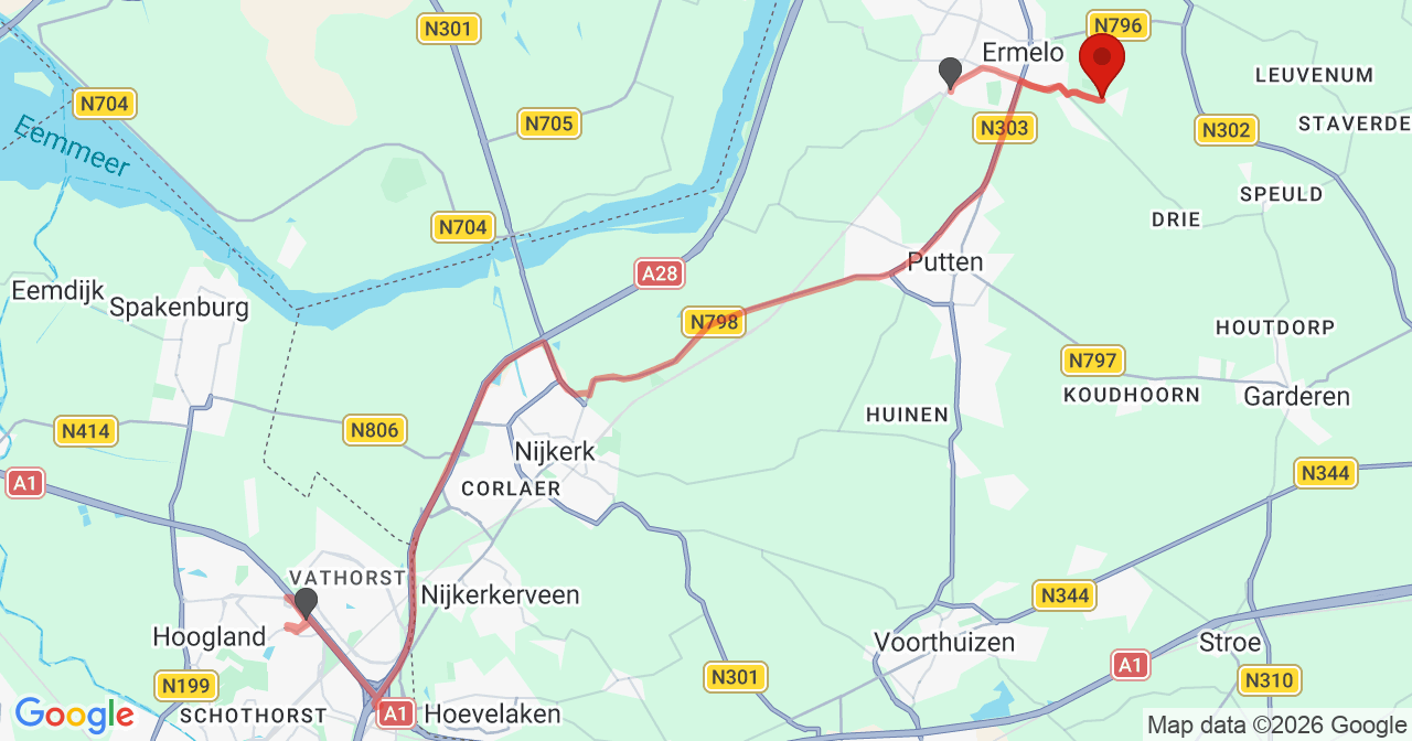 Kaart van het incident in Ermelo met de aanrijroutes van de gealarmeerde eenheden