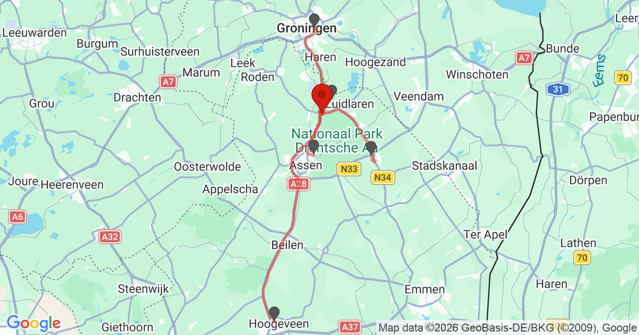 Kaart van het incident in Tynaarlo met de aanrijroutes van de gealarmeerde eenheden