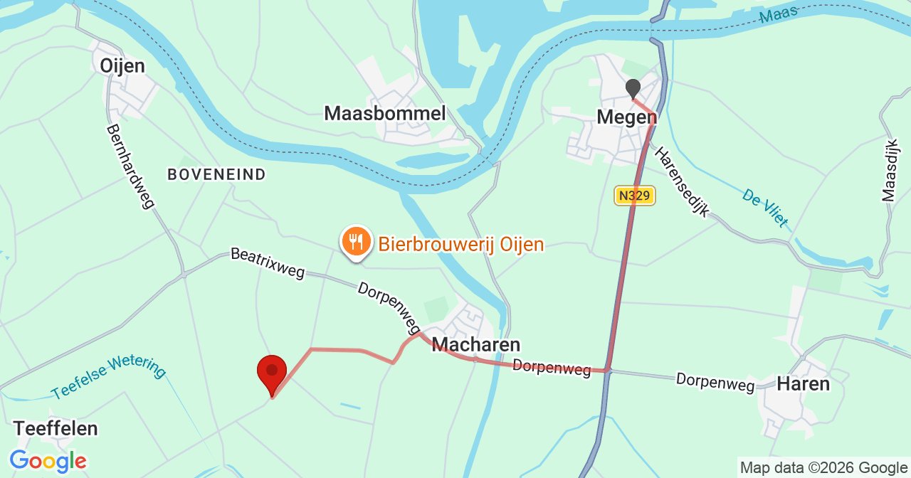 Kaart van het incident in Oijen met de aanrijroutes van de gealarmeerde eenheden