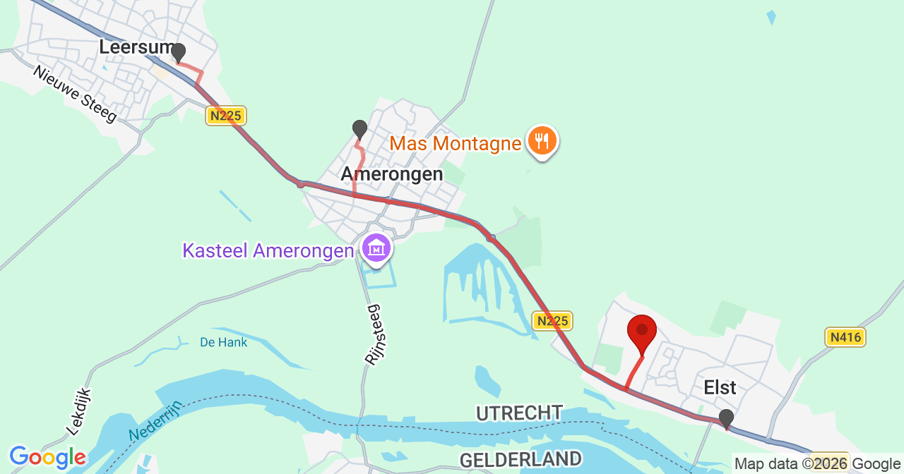 Kaart van het incident in Elst Ut met de aanrijroutes van de gealarmeerde eenheden