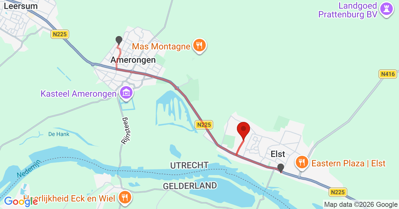 Kaart van het incident in Elst Ut met de aanrijroutes van de gealarmeerde eenheden