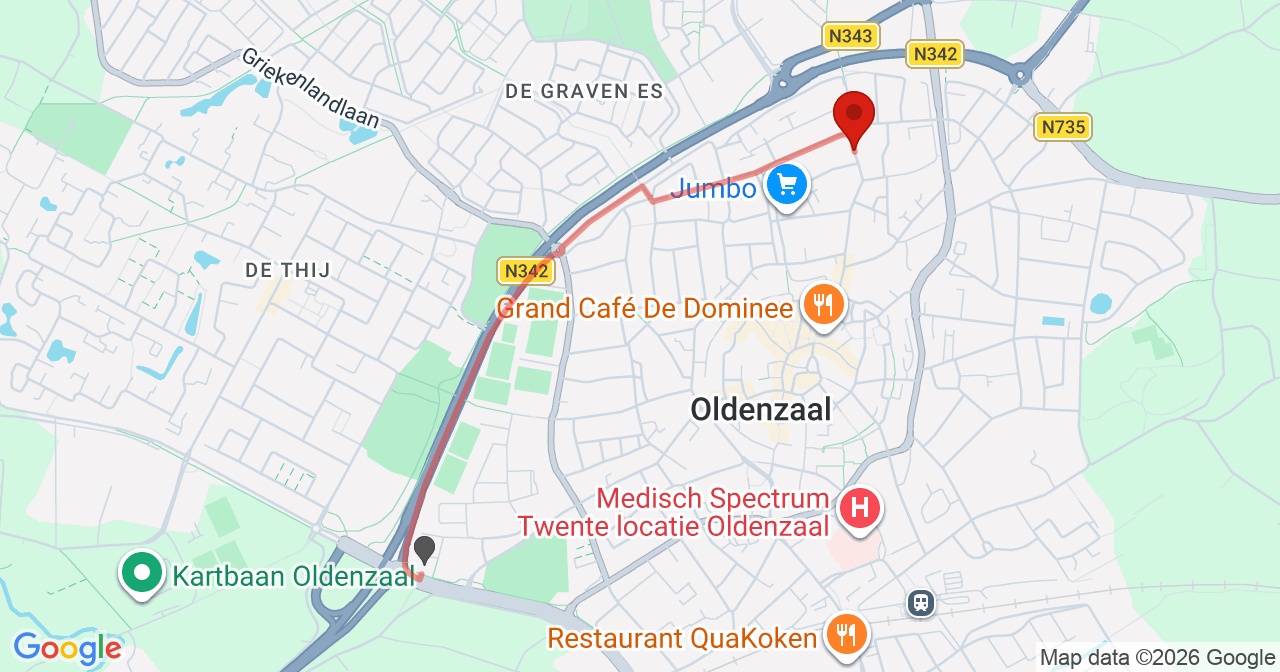 Kaart van het incident in Oldenzaal met de aanrijroutes van de gealarmeerde eenheden