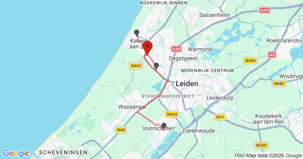 Kaart van het incident in Katwijk ZH met de aanrijroutes van de gealarmeerde eenheden
