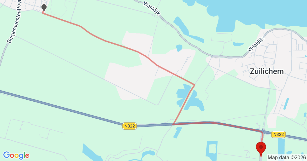 Kaart van het incident in Zuilichem met de aanrijroutes van de gealarmeerde eenheden