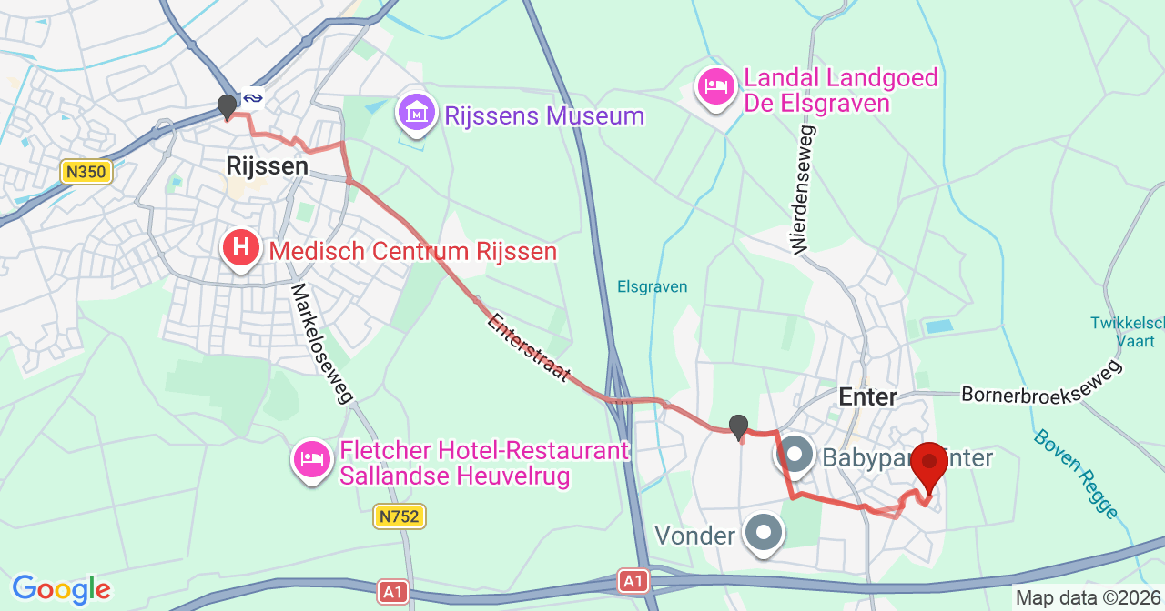 Kaart van het incident in Enter met de aanrijroutes van de gealarmeerde eenheden