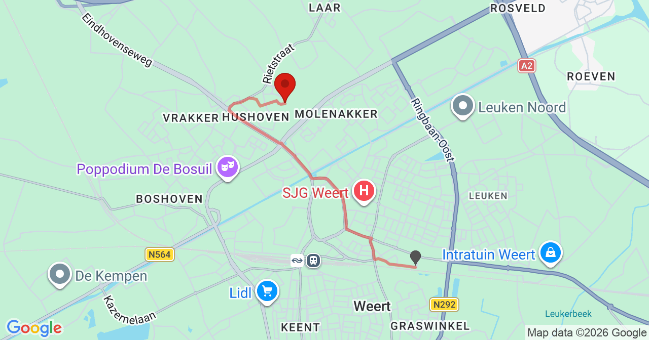 Kaart van het incident in Weert met de aanrijroutes van de gealarmeerde eenheden
