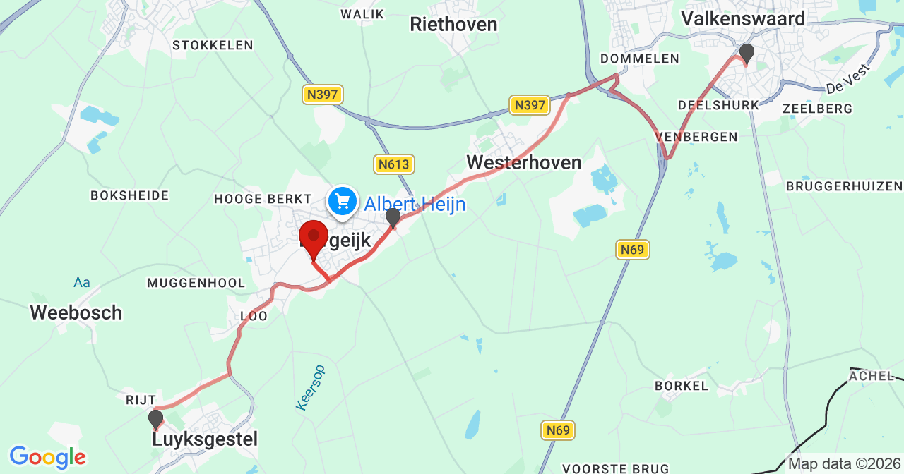 Kaart van het incident in Bergeijk met de aanrijroutes van de gealarmeerde eenheden
