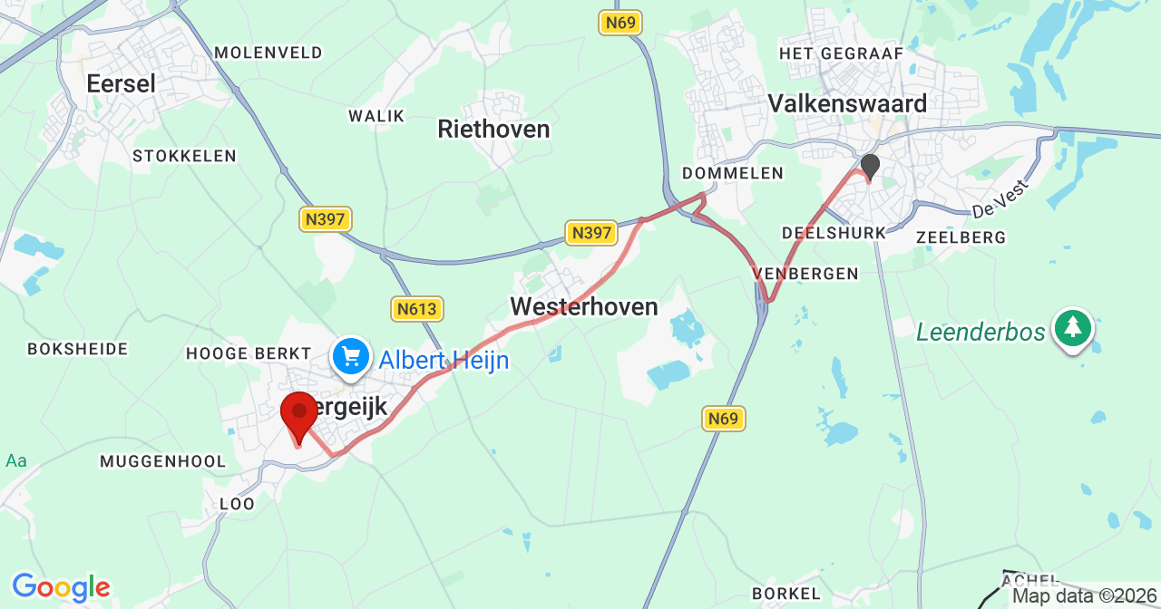 Kaart van het incident in Bergeijk met de aanrijroutes van de gealarmeerde eenheden
