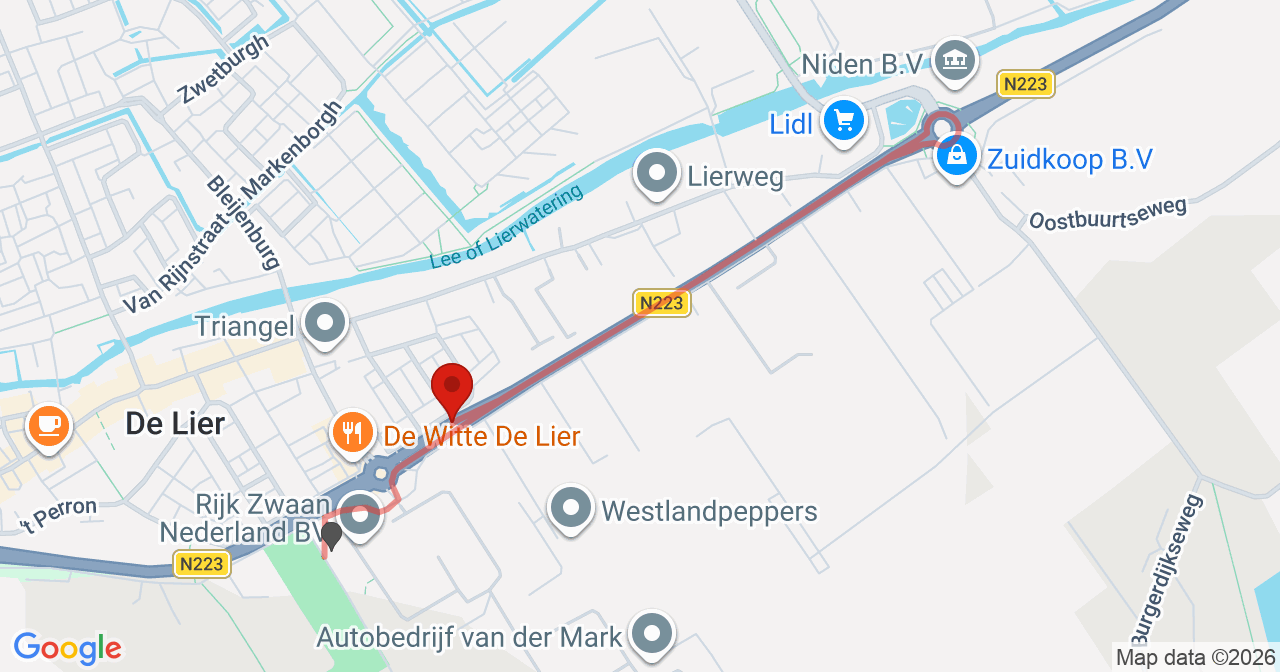 Kaart van het incident in De Lier met de aanrijroutes van de gealarmeerde eenheden