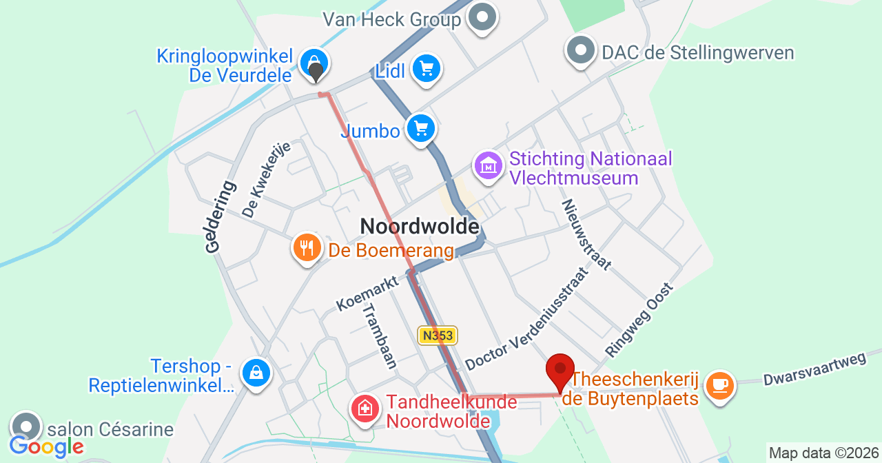 Kaart van het incident in Noordwolde Fr met de aanrijroutes van de gealarmeerde eenheden