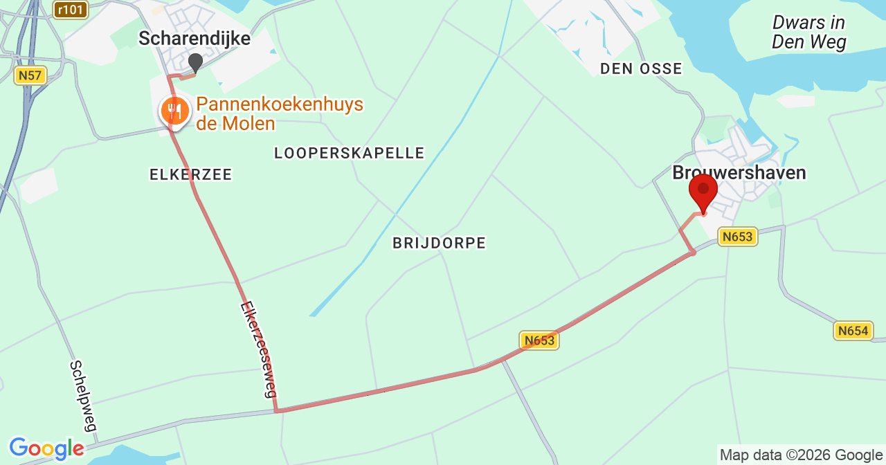 Kaart van het incident in Brouwershaven met de aanrijroutes van de gealarmeerde eenheden